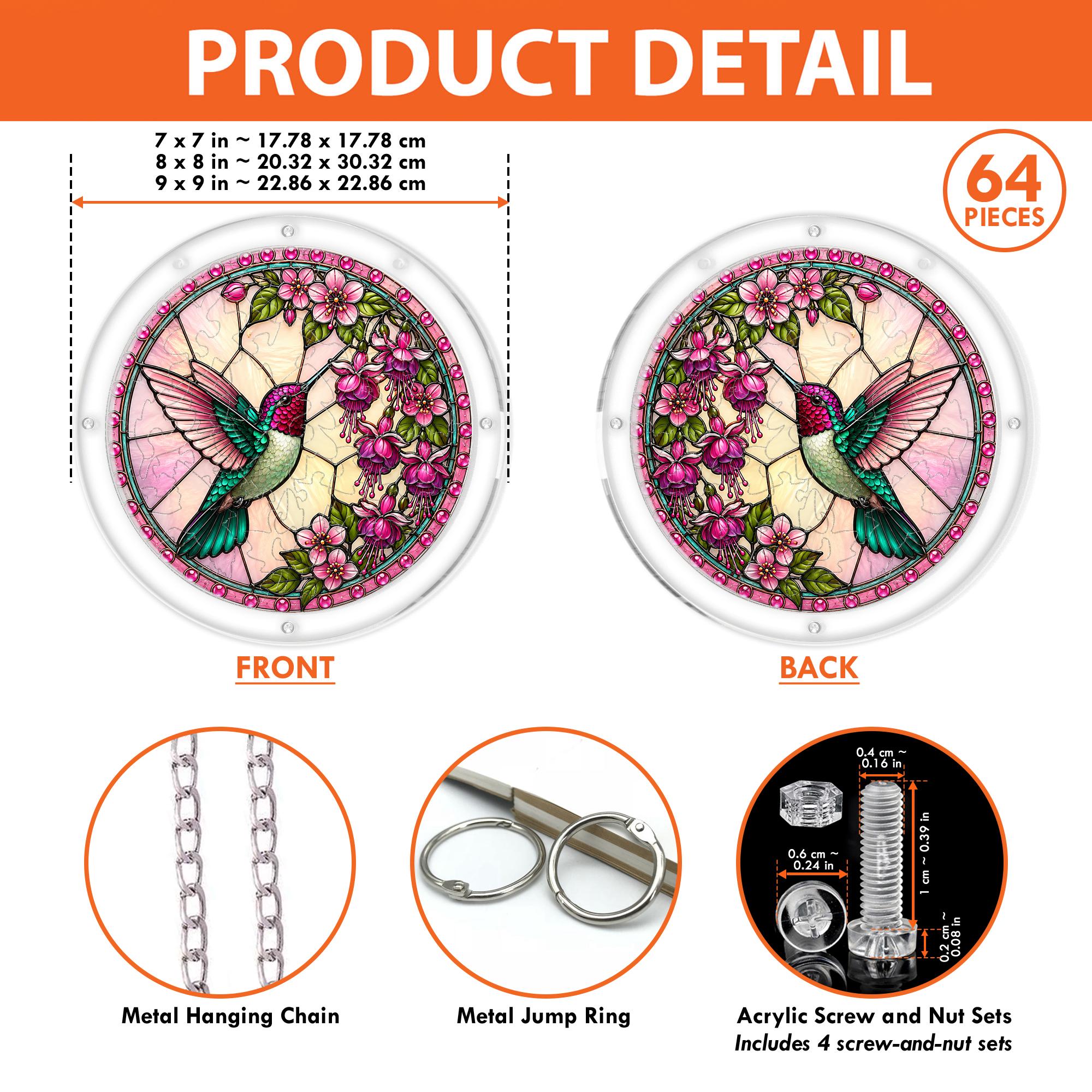 Product detail graphic showing front and back views, 64 pieces, size options, hanging chain, jump rings, and screw hardware.