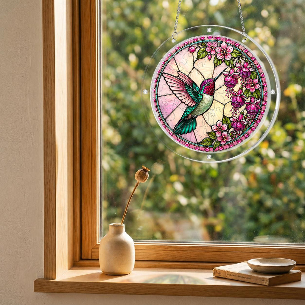 Roseglow Hummingbird Garden acrylic puzzle suncatcher displayed in a cozy wooden window corner with soft daylight.