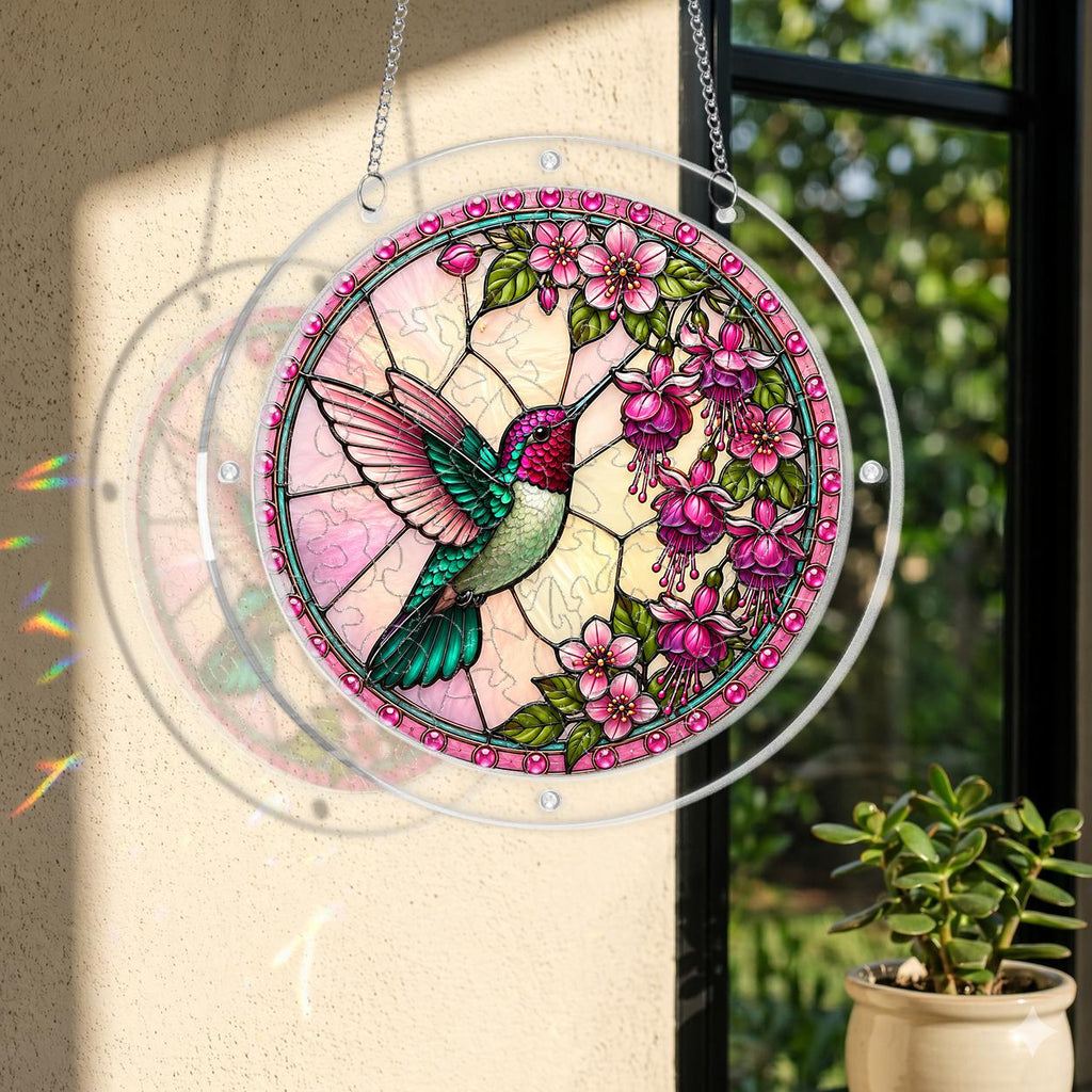 Round hummingbird acrylic puzzle suncatcher hanging in a sunlit window with pink blossoms and magenta flowers.