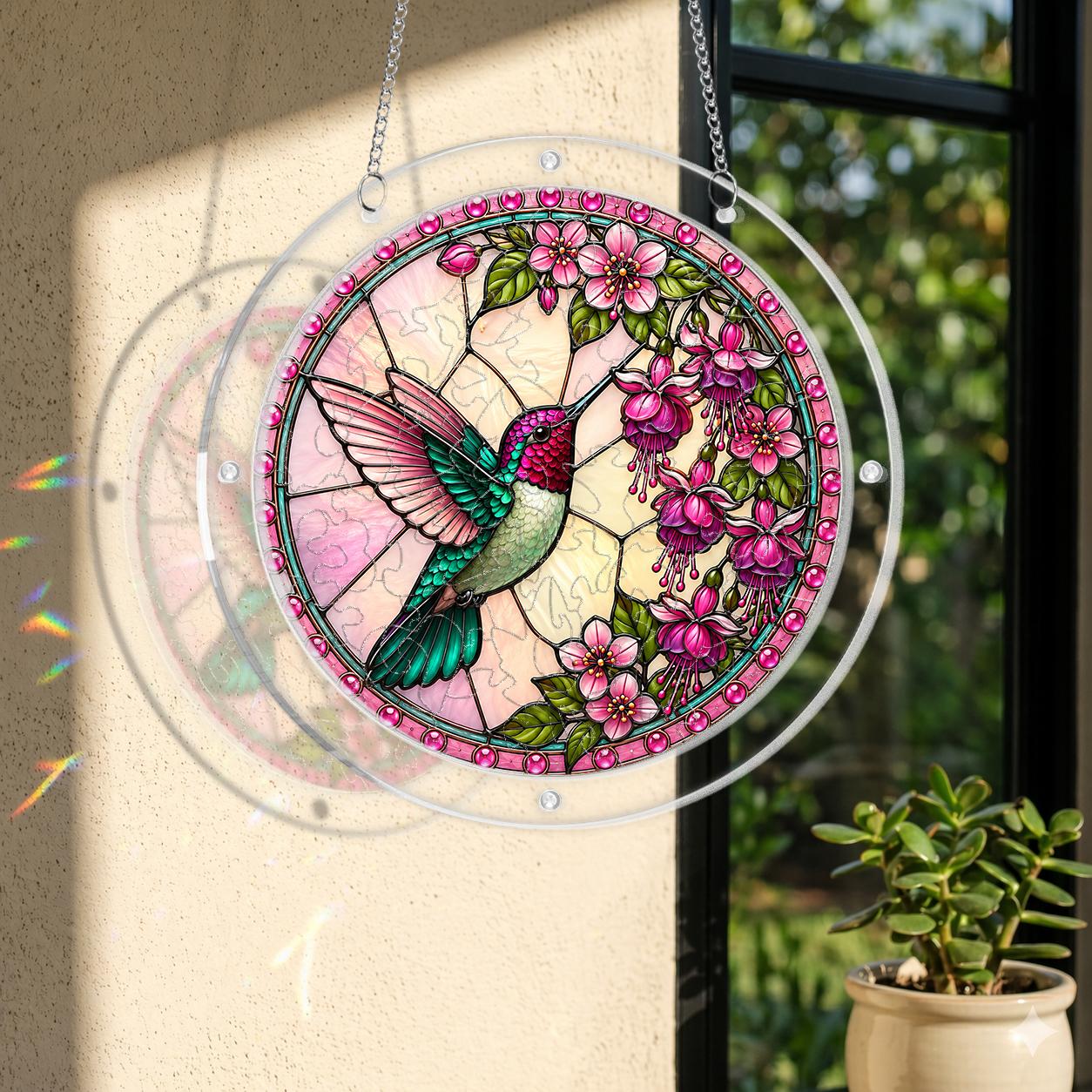 Round hummingbird acrylic puzzle suncatcher hanging in a sunlit window with pink blossoms and magenta flowers.