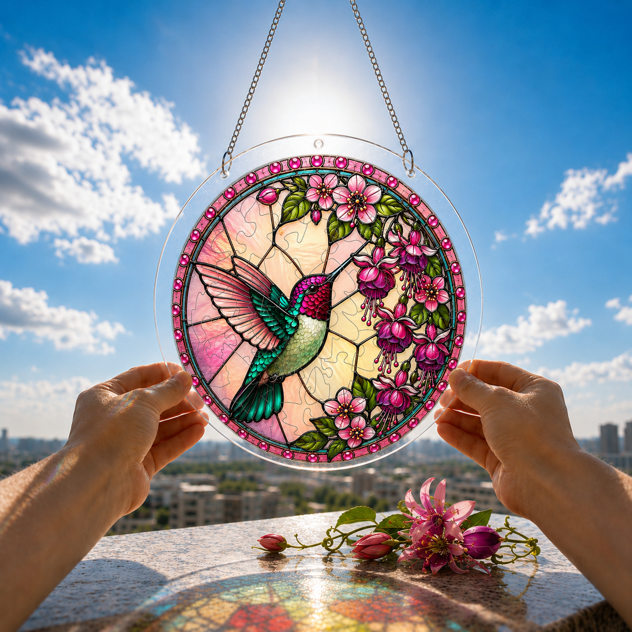 Pink floral hummingbird acrylic puzzle suncatcher held against a bright blue sky and garden background.
