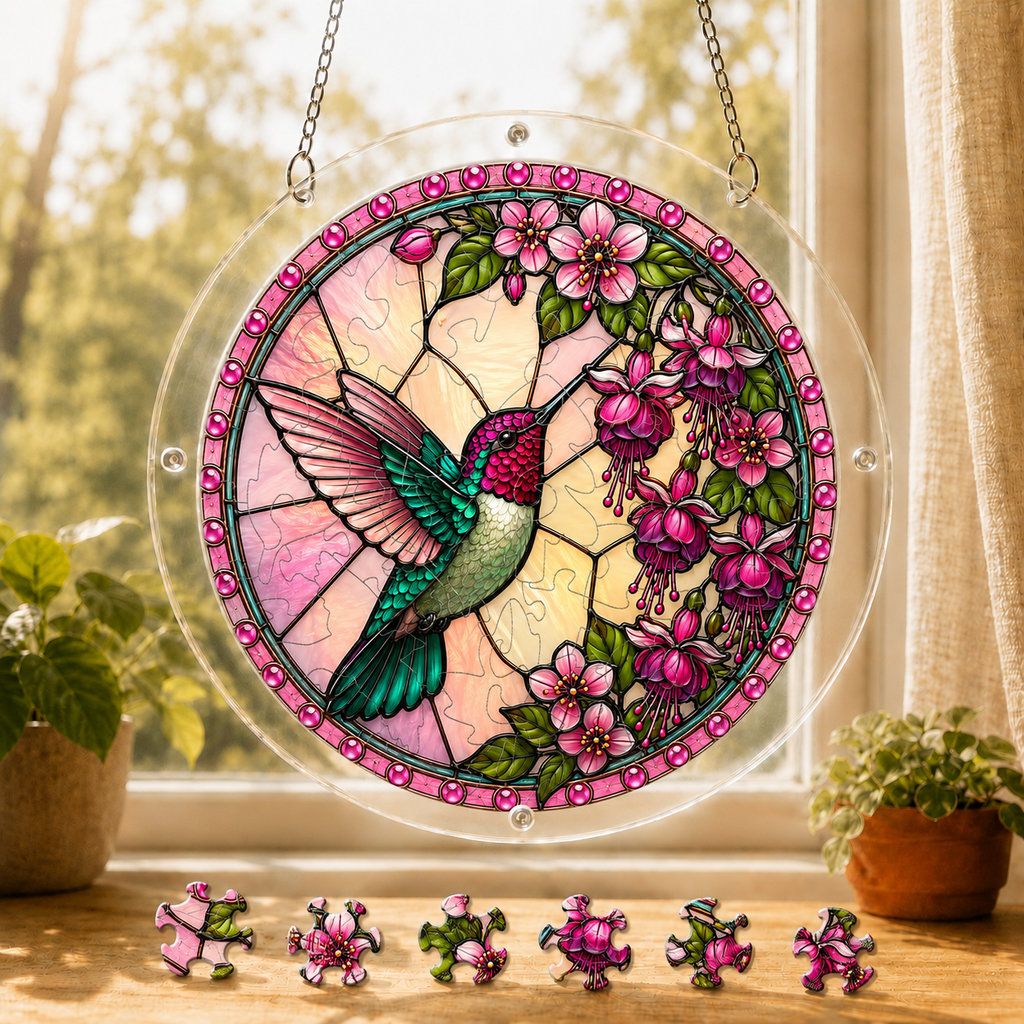 Round Roseglow Hummingbird Garden acrylic puzzle suncatcher hanging in a sunny window with colorful loose puzzle pieces below.