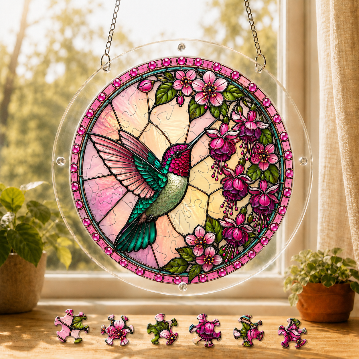 Round Roseglow Hummingbird Garden acrylic puzzle suncatcher hanging in a sunny window with colorful loose puzzle pieces below.