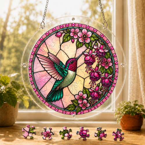 Round Roseglow Hummingbird Garden acrylic puzzle suncatcher hanging in a sunny window with colorful loose puzzle pieces below.