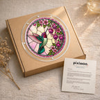 Gift-ready Roseglow Hummingbird Garden acrylic puzzle suncatcher displayed on a kraft box with Pixiwoo card.