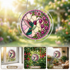 Pink hummingbird acrylic puzzle suncatcher shown in multiple bright home window settings.