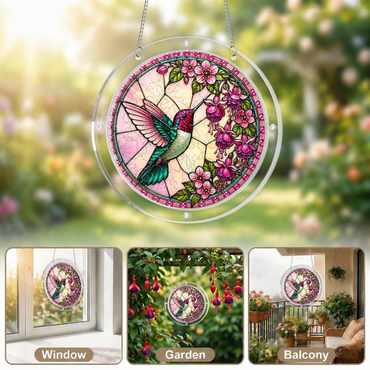 Pink hummingbird acrylic puzzle suncatcher shown in multiple bright home window settings.