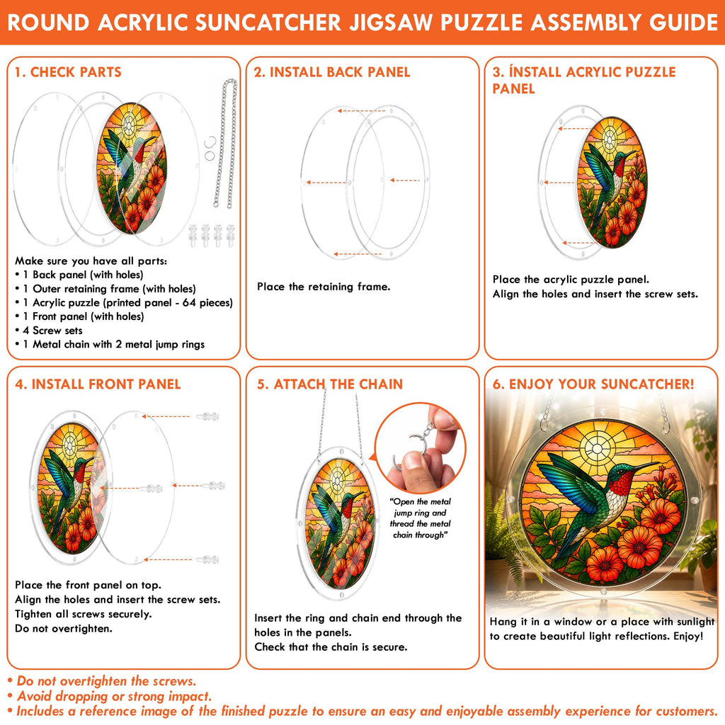 Assembly guide for round acrylic hummingbird jigsaw puzzle suncatcher