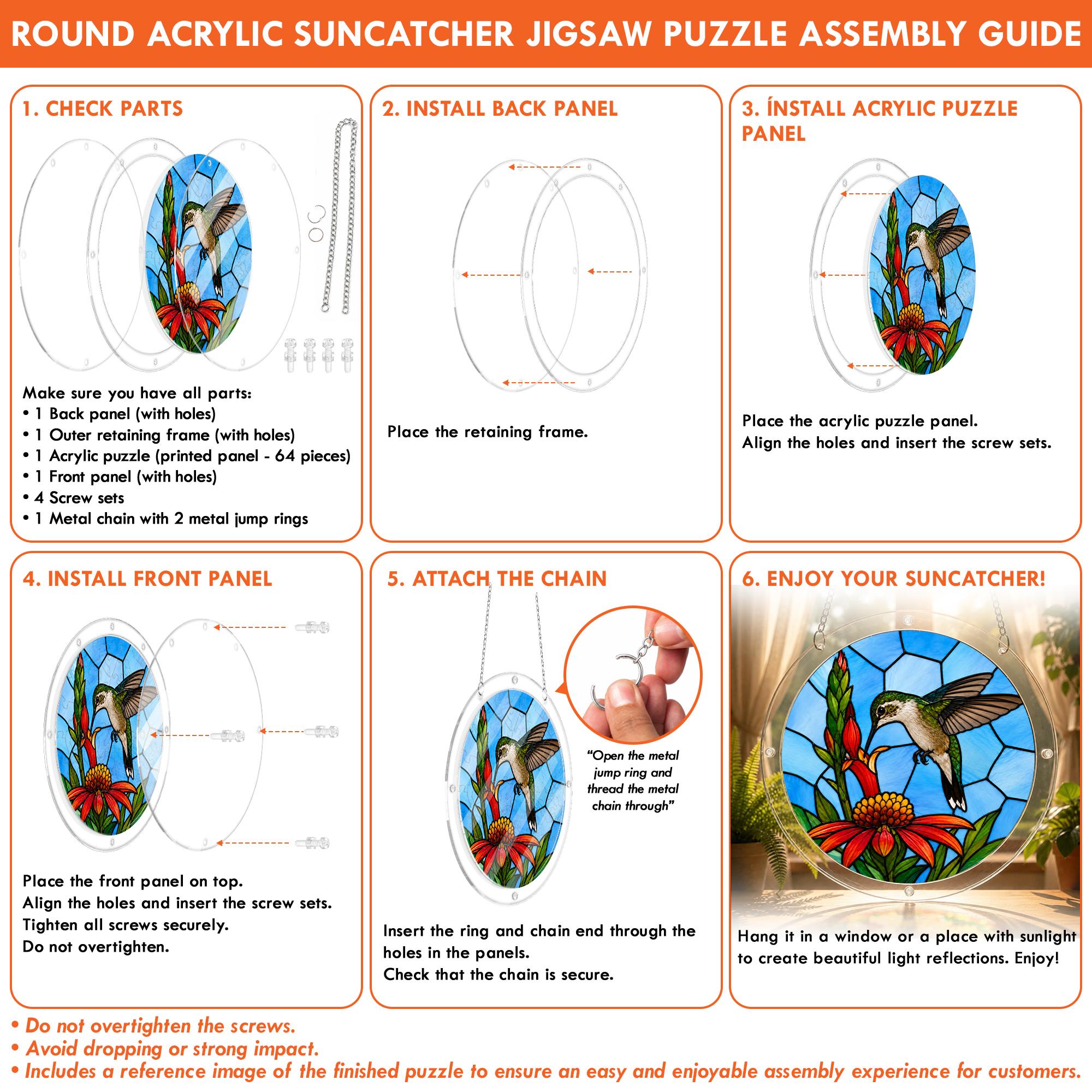 Assembly guide for round acrylic hummingbird jigsaw puzzle suncatcher
