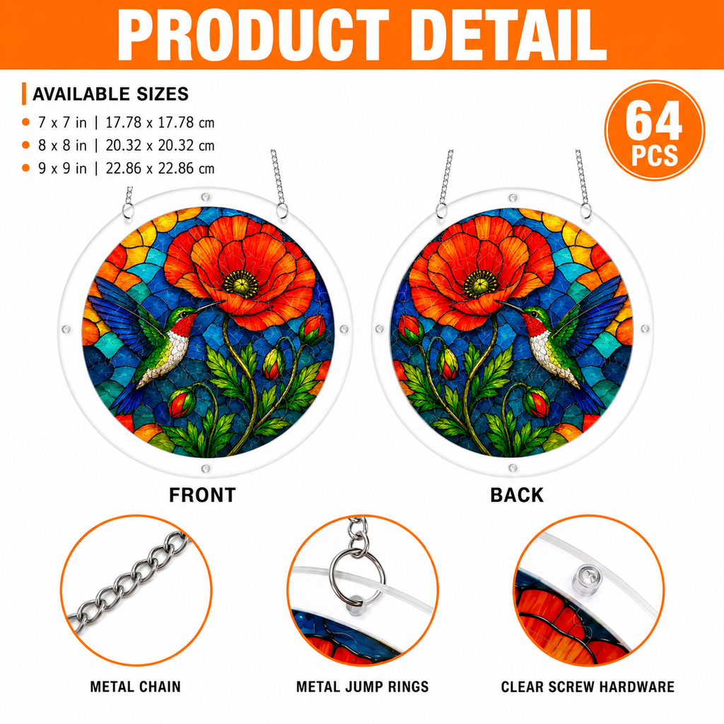 Product detail image showing acrylic layers of a round ruby throat hummingbird poppy bloom puzzle suncatcher and 2 mm layer thickness