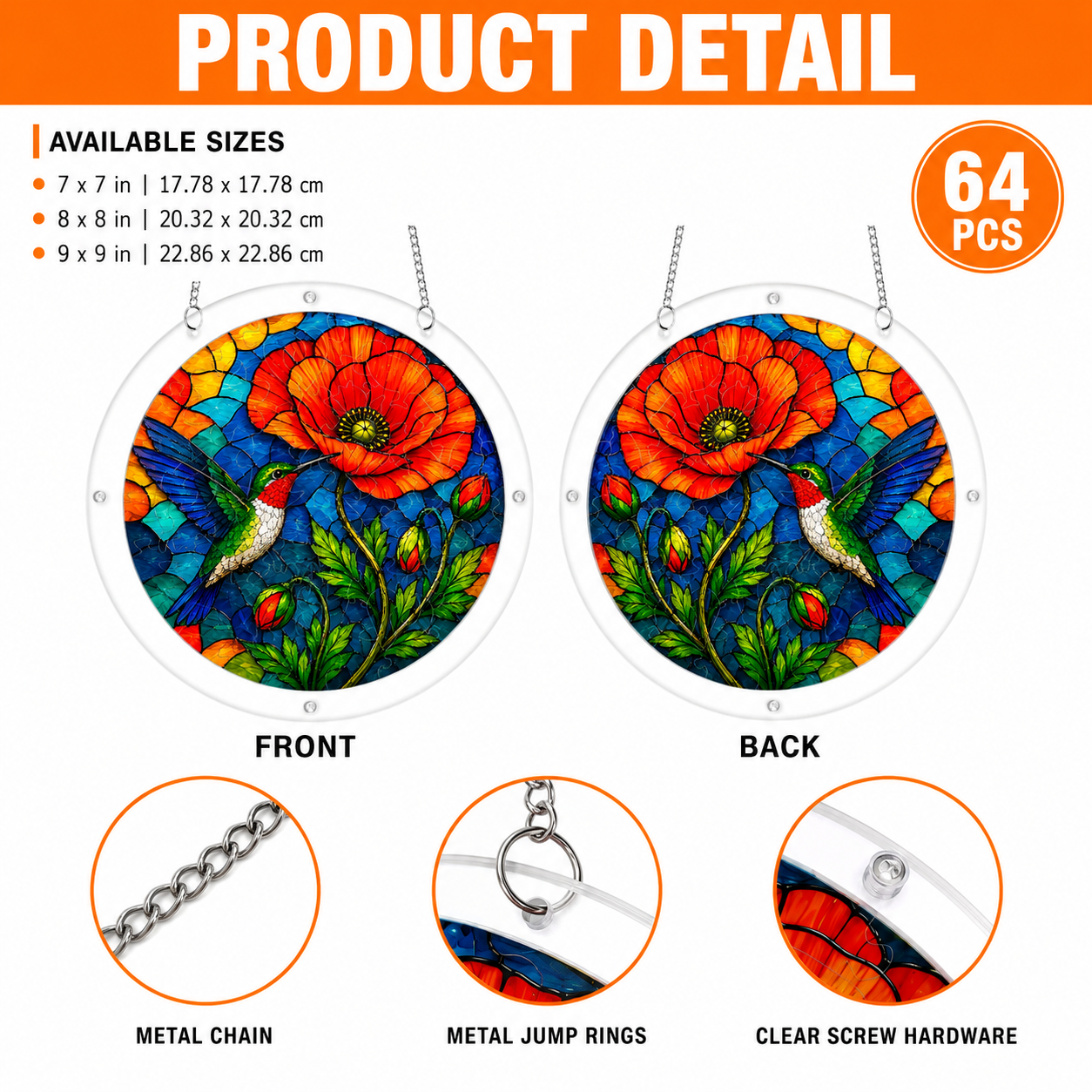 Product detail image showing acrylic layers of a round ruby throat hummingbird poppy bloom puzzle suncatcher and 2 mm layer thickness