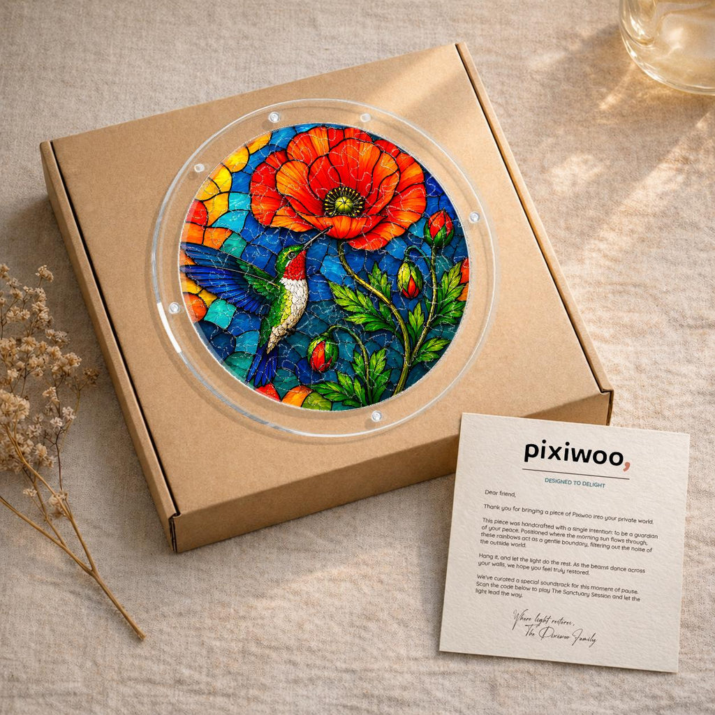 Gift-ready ruby throat hummingbird poppy bloom acrylic puzzle suncatcher displayed on kraft box with Pixiwoo thank-you card