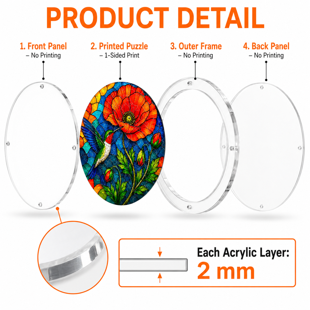 Product detail image showing acrylic layers of a round ruby throat hummingbird poppy bloom puzzle suncatcher and 2 mm layer thickness