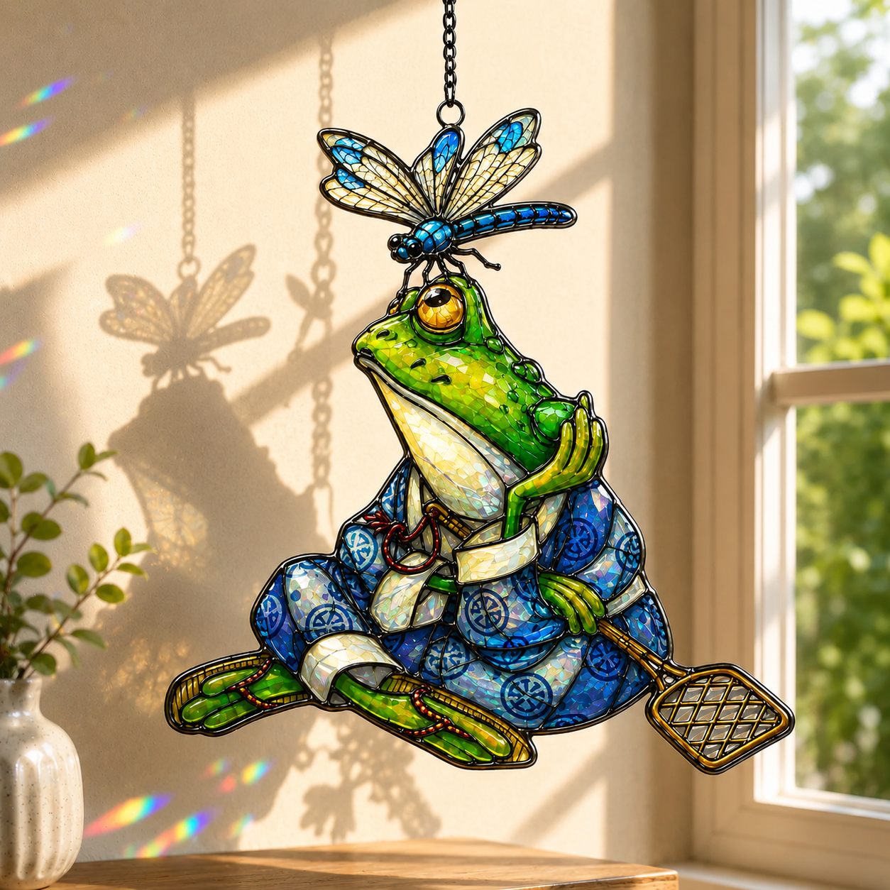 Samurai Frog with Dragonfly Holographic Acrylic Suncatcher