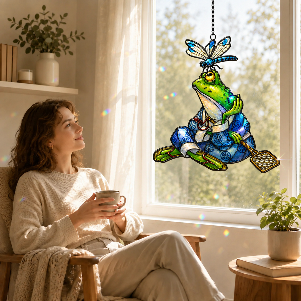 Samurai Frog with Dragonfly Holographic Acrylic Suncatcher