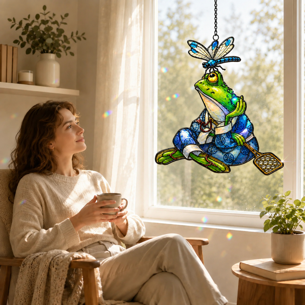 Samurai Frog with Dragonfly Holographic Acrylic Suncatcher