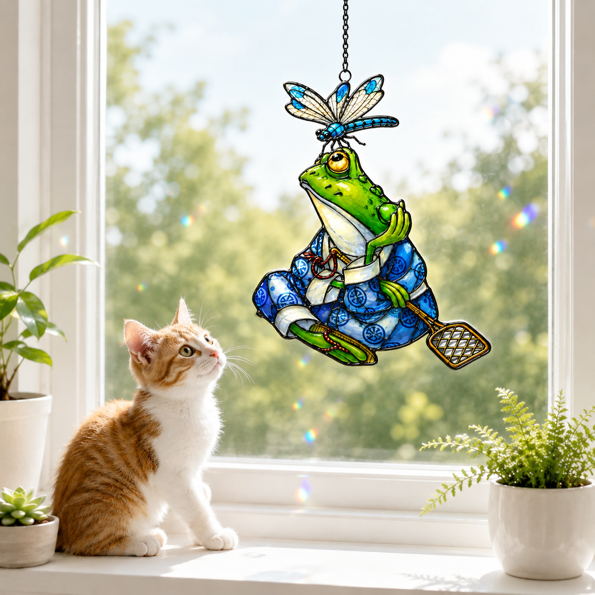 Samurai Frog with Dragonfly Holographic Acrylic Suncatcher