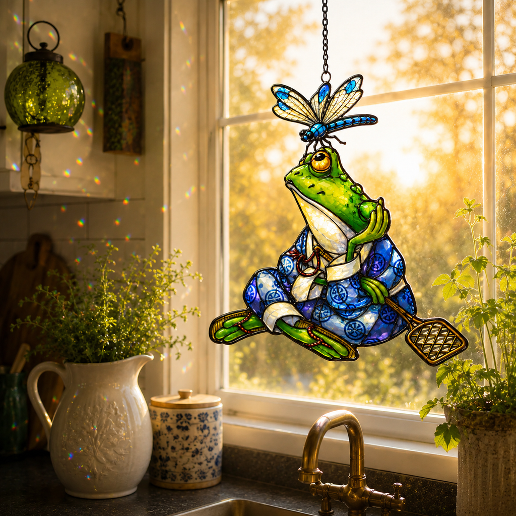 Samurai Frog with Dragonfly Holographic Acrylic Suncatcher