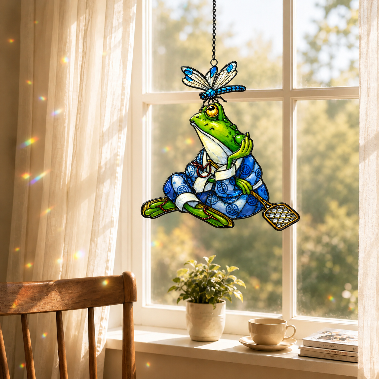 Samurai Frog with Dragonfly Holographic Acrylic Suncatcher