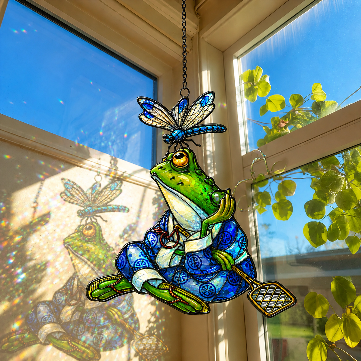 Samurai Frog with Dragonfly Holographic Acrylic Suncatcher