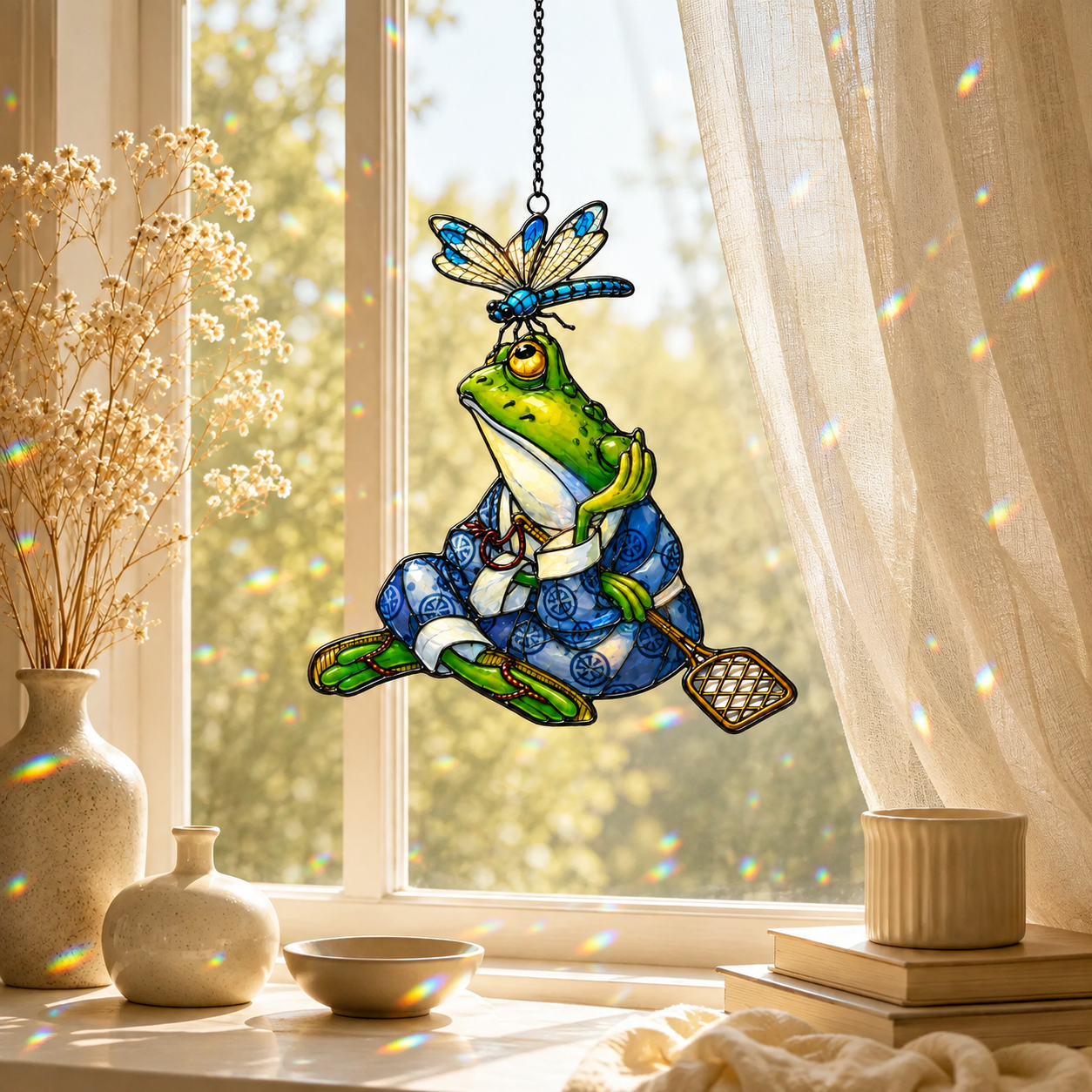 Samurai Frog with Dragonfly Holographic Acrylic Suncatcher