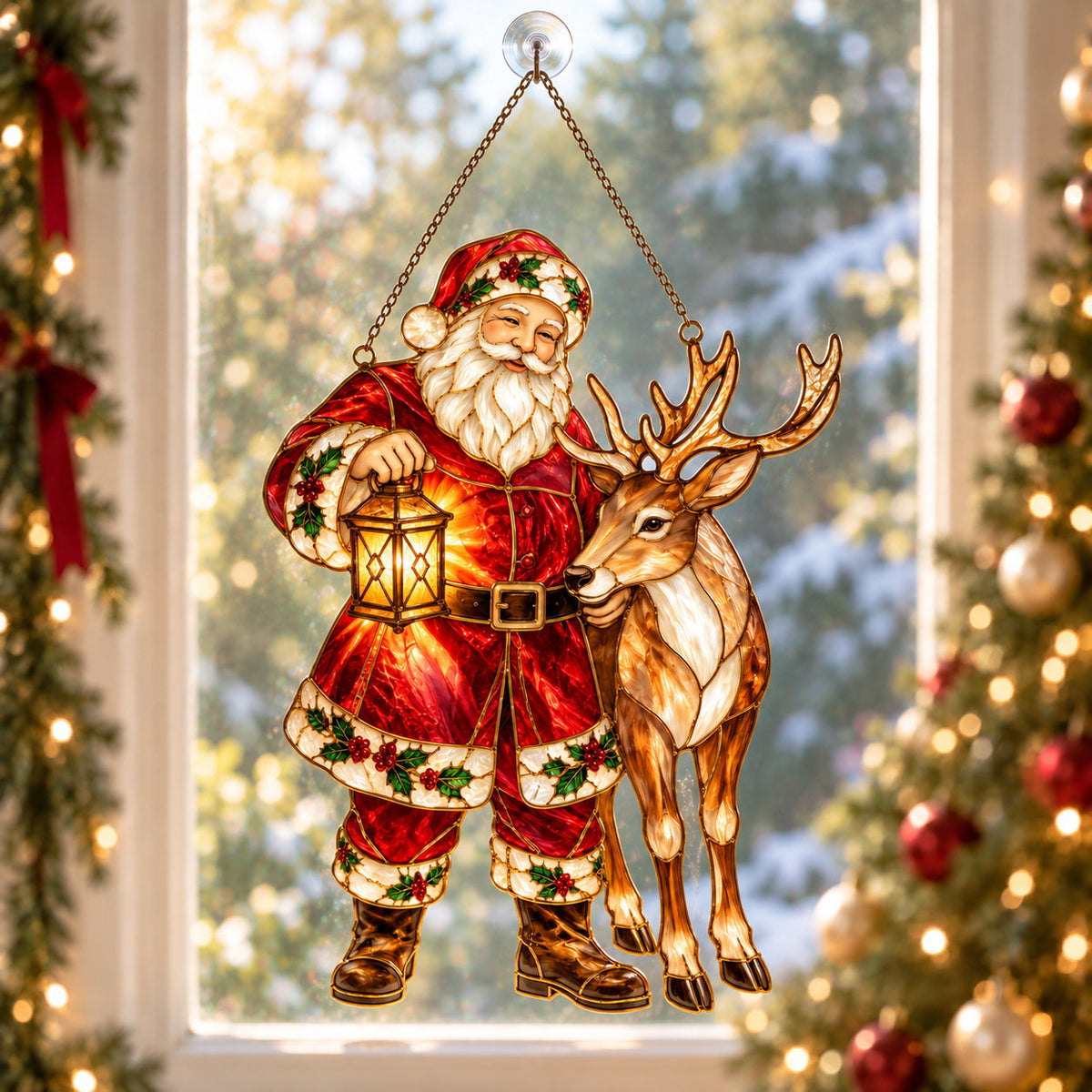 Santa and Reindeer with Lantern Holographic Acrylic Suncatcher