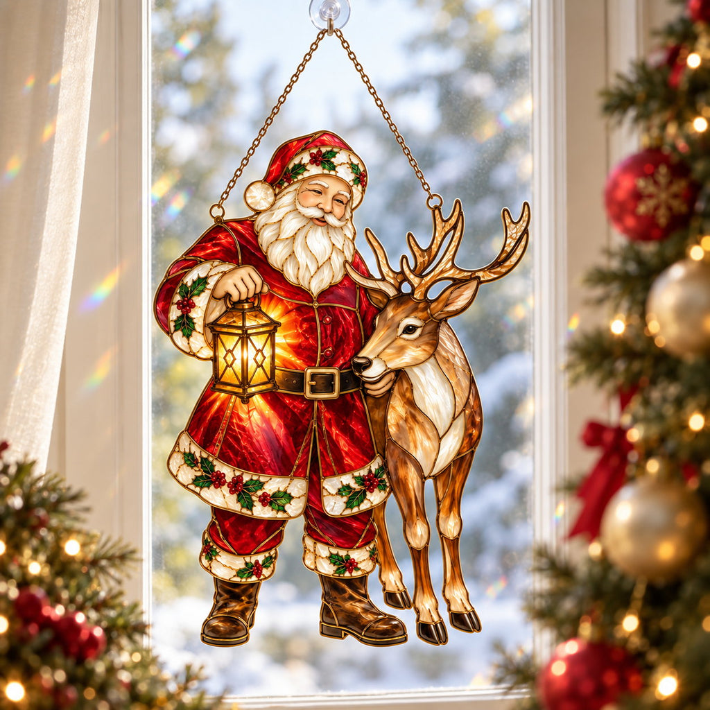 Santa and Reindeer with Lantern Holographic Acrylic Suncatcher
