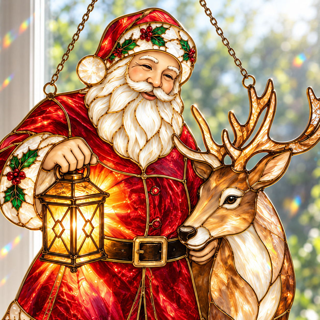 Santa and Reindeer with Lantern Holographic Acrylic Suncatcher