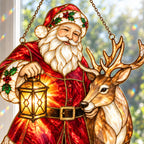 Santa and Reindeer with Lantern Holographic Acrylic Suncatcher