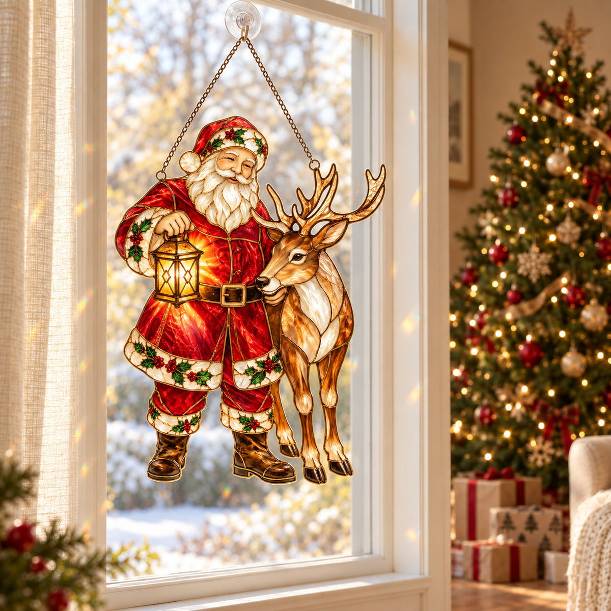 Santa and Reindeer with Lantern Holographic Acrylic Suncatcher