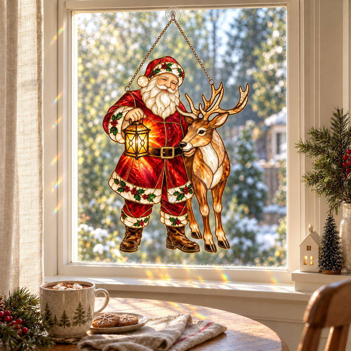 Santa and Reindeer with Lantern Holographic Acrylic Suncatcher