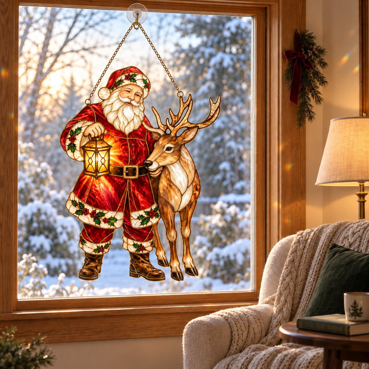 Santa and Reindeer with Lantern Holographic Acrylic Suncatcher