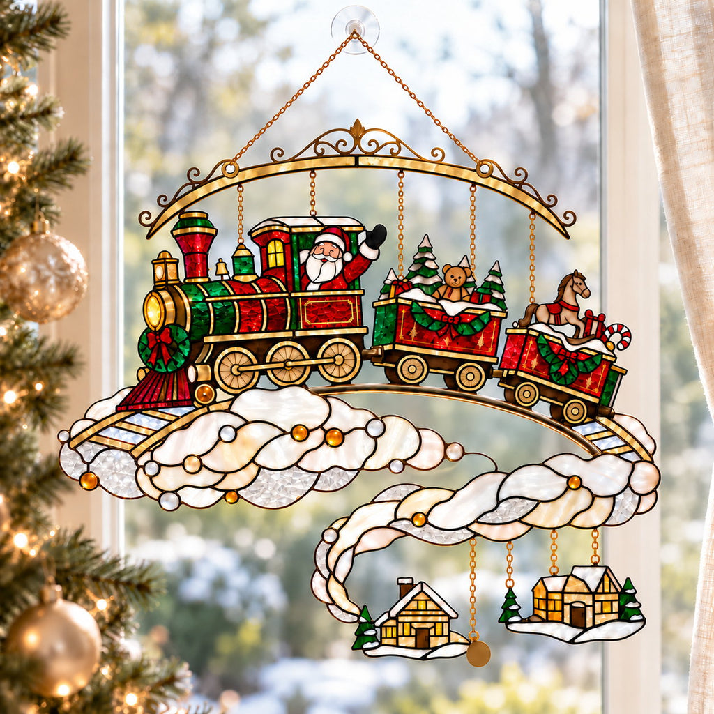 Santa Christmas Train on the Clouds Holographic Acrylic Suncatcher