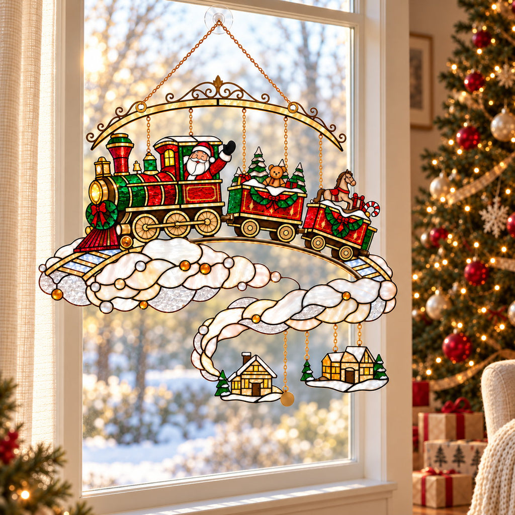 Santa Christmas Train on the Clouds Holographic Acrylic Suncatcher