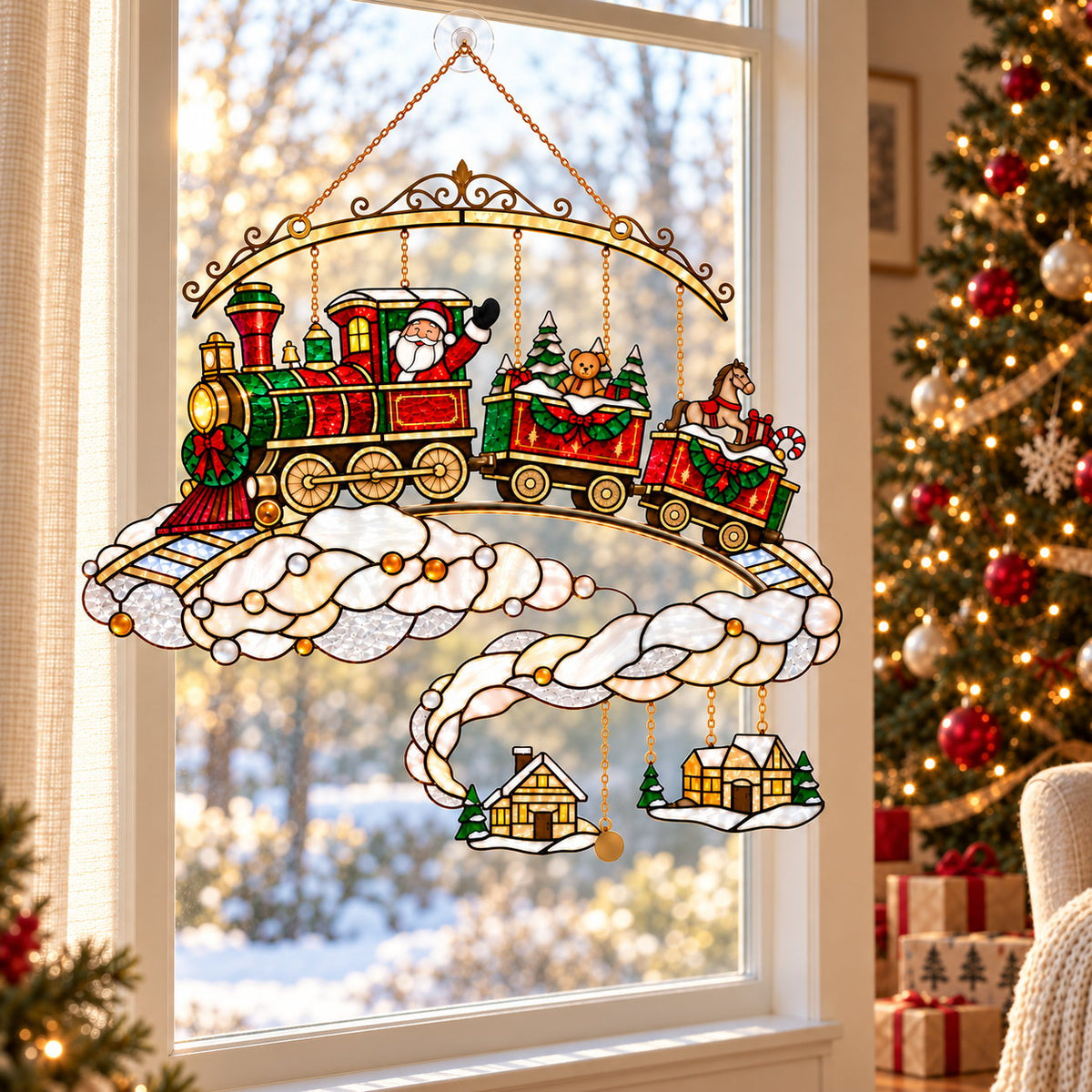 Santa Christmas Train on the Clouds Holographic Acrylic Suncatcher