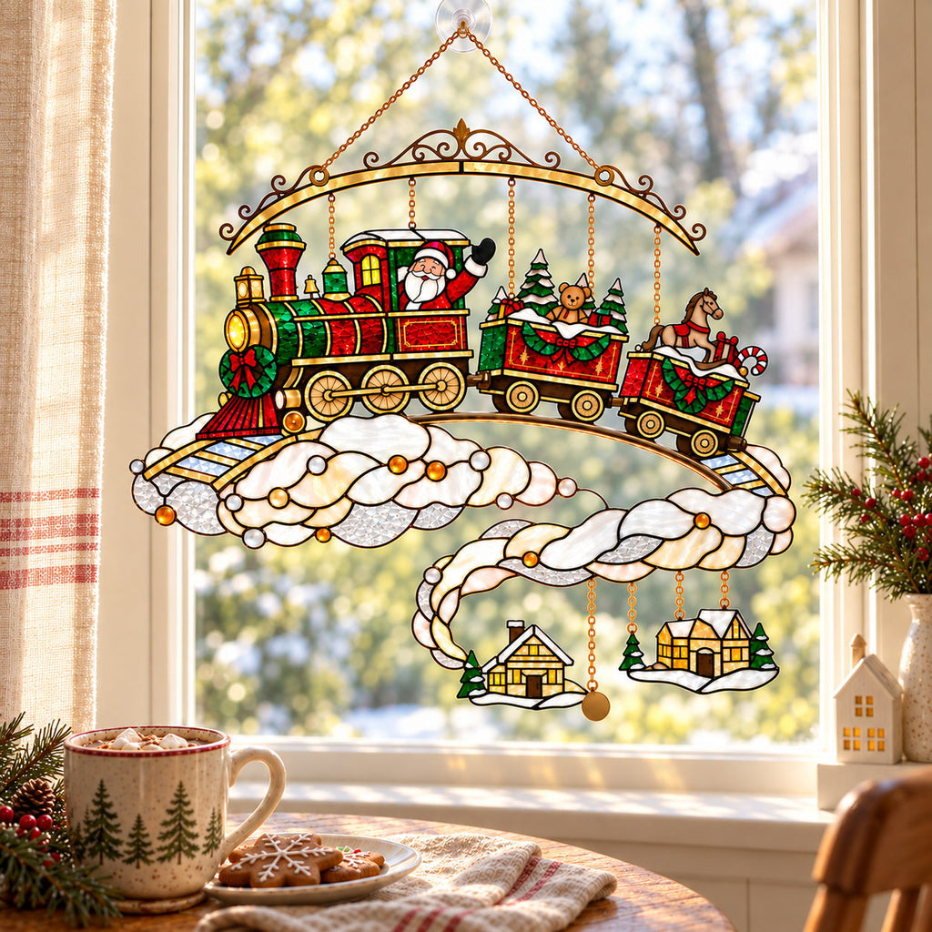 Santa Christmas Train on the Clouds Holographic Acrylic Suncatcher