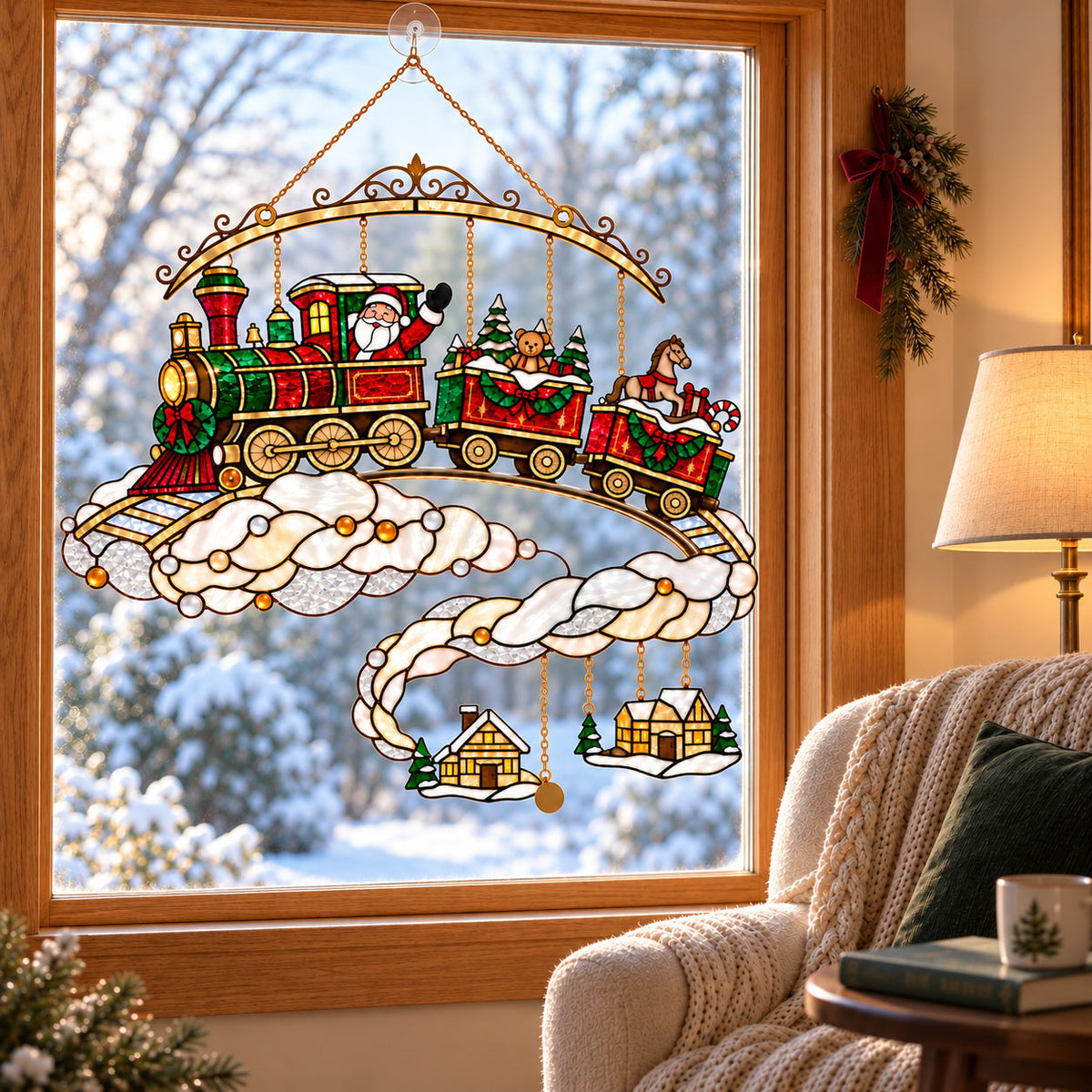 Santa Christmas Train on the Clouds Holographic Acrylic Suncatcher