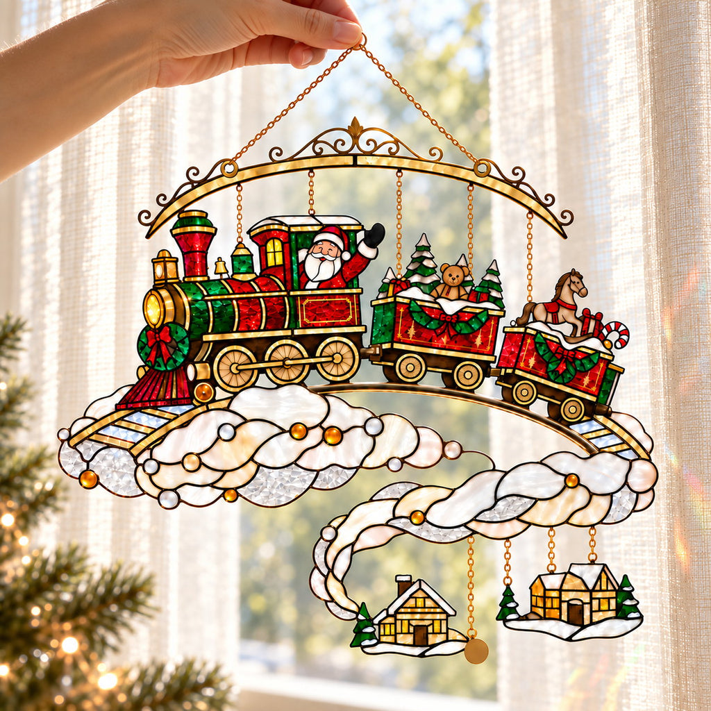 Santa Christmas Train on the Clouds Holographic Acrylic Suncatcher