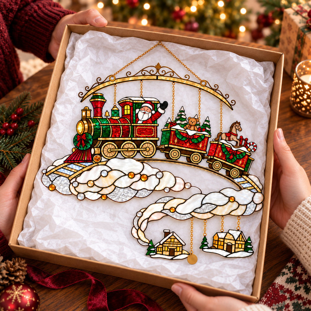 Santa Christmas Train on the Clouds Holographic Acrylic Suncatcher