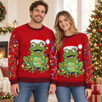 Santa Hat Frog Ugly Christmas Sweater — Frog Wrapped in Christmas Lights, Light-String Sleeves, Red or Black, S to 5XL