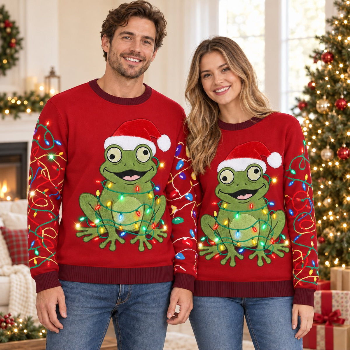 Santa Hat Frog Ugly Christmas Sweater — Frog Wrapped in Christmas Lights, Light-String Sleeves, Red or Black, S to 5XL
