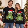 Santa Hat Frog Ugly Christmas Sweater — Frog Wrapped in Christmas Lights, Light-String Sleeves, Red or Black, S to 5XL