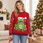 Santa Hat Frog Ugly Christmas Sweater — Frog Wrapped in Christmas Lights, Light-String Sleeves, Red or Black, S to 5XL