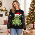 Santa Hat Frog Ugly Christmas Sweater — Frog Wrapped in Christmas Lights, Light-String Sleeves, Red or Black, S to 5XL