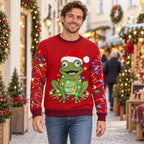 Santa Hat Frog Ugly Christmas Sweater — Frog Wrapped in Christmas Lights, Light-String Sleeves, Red or Black, S to 5XL