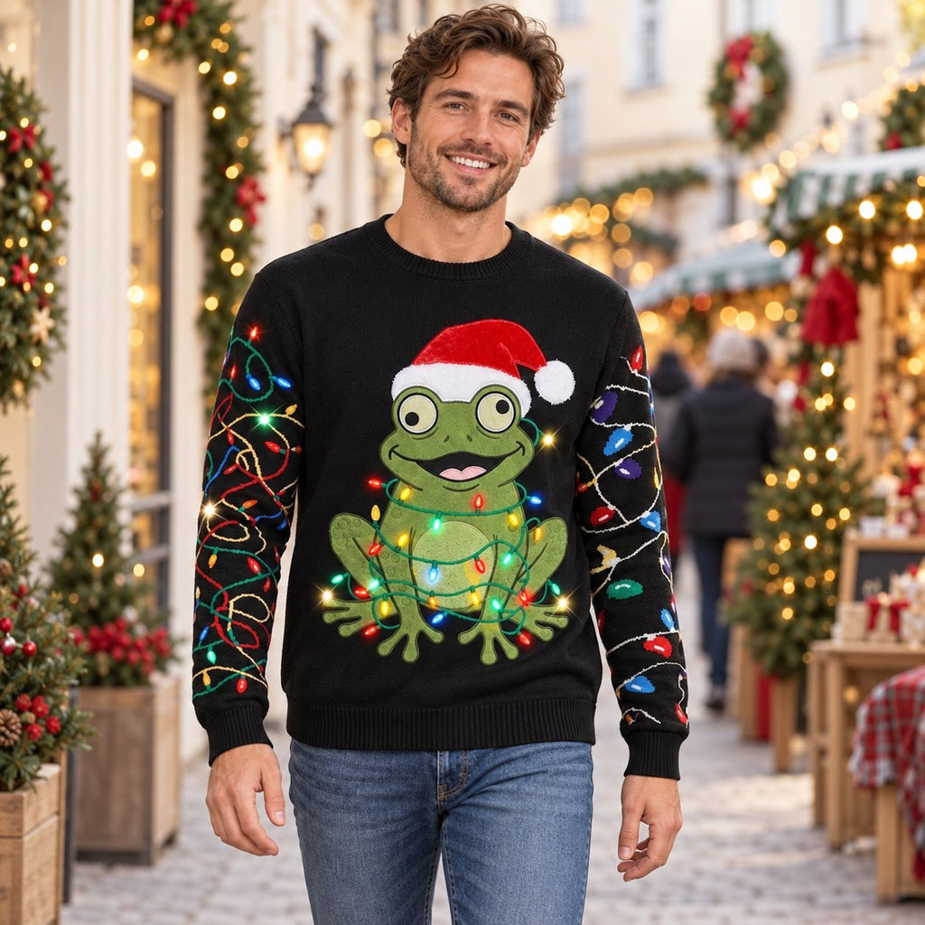 Santa Hat Frog Ugly Christmas Sweater — Frog Wrapped in Christmas Lights, Light-String Sleeves, Red or Black, S to 5XL