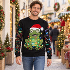 Santa Hat Frog Ugly Christmas Sweater — Frog Wrapped in Christmas Lights, Light-String Sleeves, Red or Black, S to 5XL