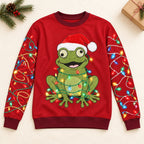 Santa Hat Frog Ugly Christmas Sweater — Frog Wrapped in Christmas Lights, Light-String Sleeves, Red or Black, S to 5XL