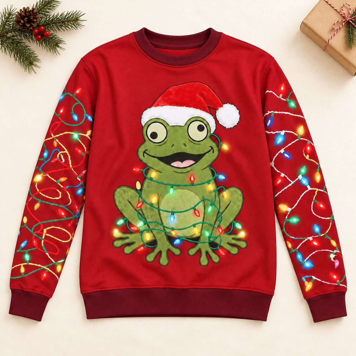 Santa Hat Frog Ugly Christmas Sweater — Frog Wrapped in Christmas Lights, Light-String Sleeves, Red or Black, S to 5XL