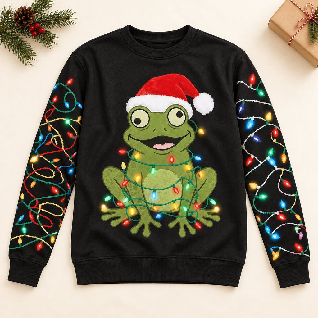 Santa Hat Frog Ugly Christmas Sweater — Frog Wrapped in Christmas Lights, Light-String Sleeves, Red or Black, S to 5XL